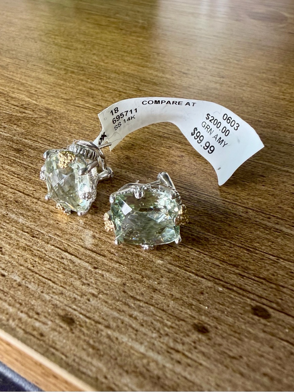 Sterling Silver & 14K Gold Green Amethyst Stud Earrings NWT - Picture 2 of 2